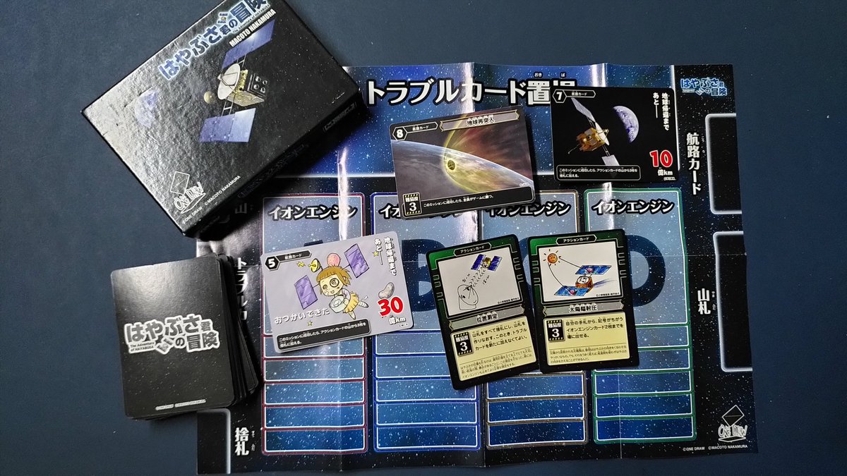 Adventures of Hayabusa is a One Draw title and designed by the Macoto Nakamura. It is a co-op card game