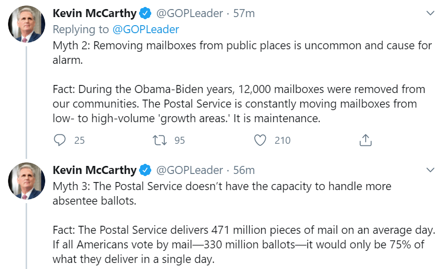 House Republican leadership: Obama took mailboxes away [this was not right before a national election in the middle of a pandemic] and USPS will be fine for the electionPostmaster General DeJoy: I'm not putting mailboxes back and I don't have a plan to make the election work