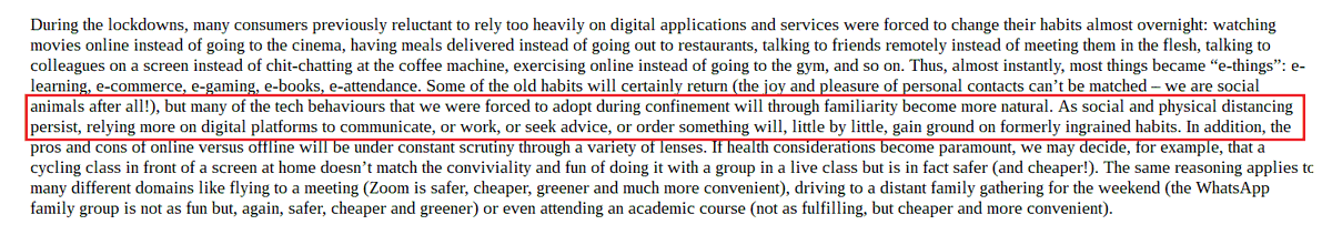 "many [] tech behaviours that we were forced to adopt during confinement will through familiarity become more natural. As  #social &  #physicaldistancing persist, relying more on digital platforms to communicate [] will, little by little, gain ground on formerly ingrained  #habits."