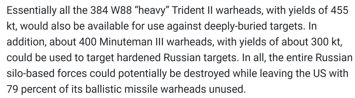 The strategic implications are enormous. The US has the capability to destroy the entirety of Russia's silo based nuclear forces with only 21% of its arsenal. This means the US can target 100s of non-hardened targets. 9/15