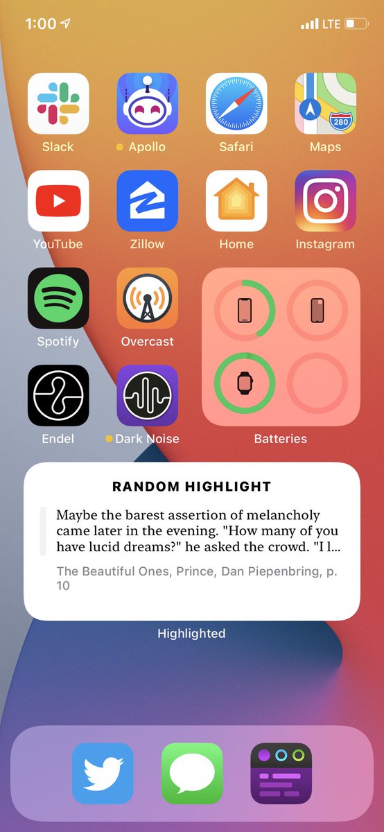 The first third-party iOS 14 widget to get me hyped is from  @highlighted_app — adding randomized quotes to a Smart Stack is a killer way to resurface books 