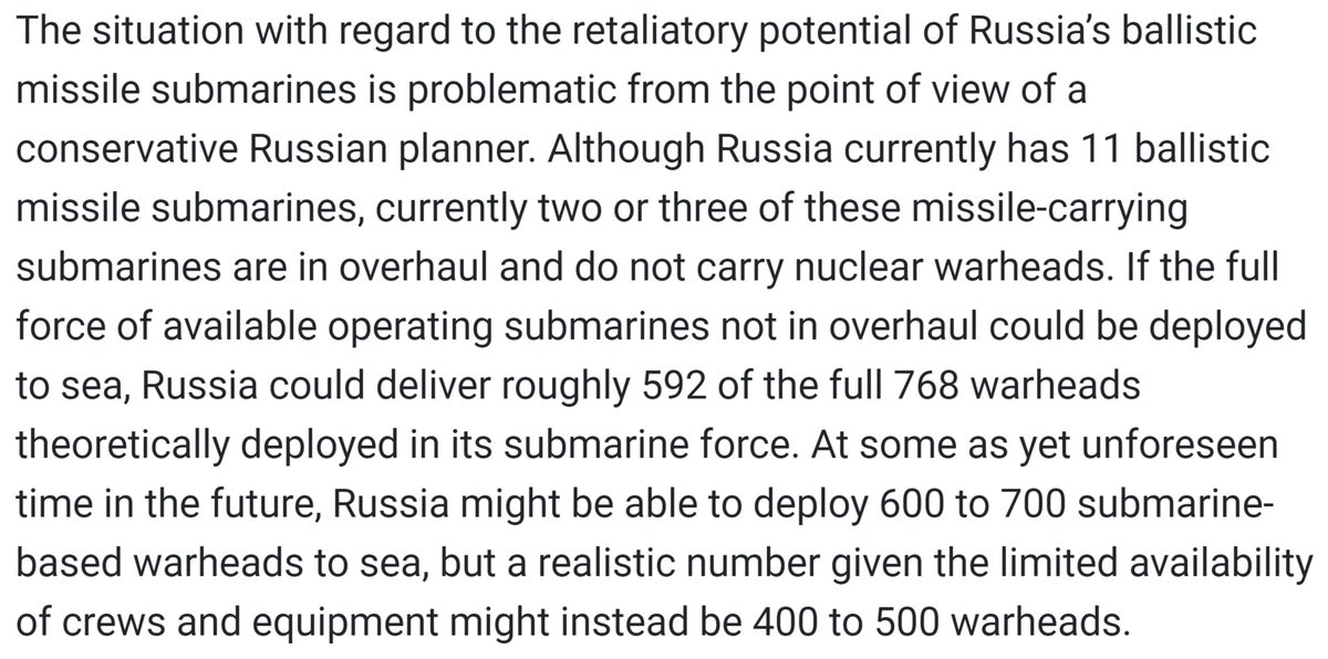 A mere 125 Minuteman IIIs could set fire to the 8000 square mile area in which Russian road-mobile nukes are likely to be deployed and destroy them all. This puts a great deal of pressure on Russia's submarine based forces to maintain minimum deterrence. 10/15