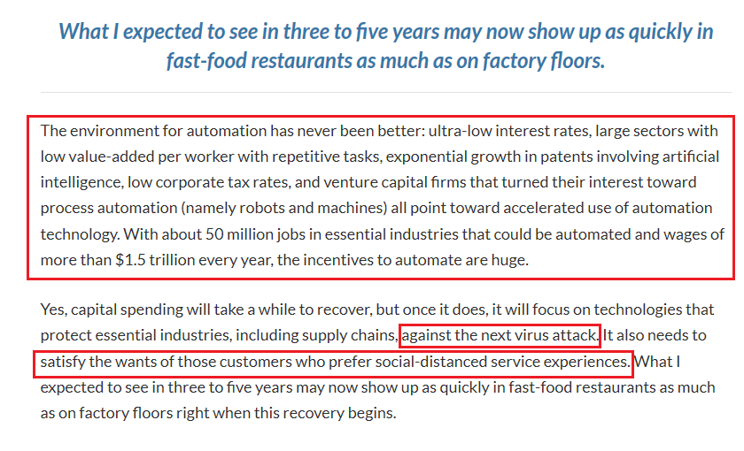 "Our lingering and possibly lasting fear of being infected with a virus ( #COVID19 or another) will thus speed the relentless march of automation, particularly in the fields most susceptible to  #automation."