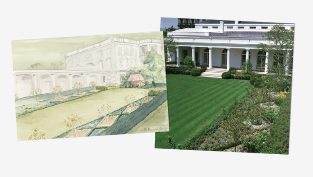 Bunny Mellon's design: magnolia trees anchoring the corners, the lawn framed—as if it were a picture—with borders of trees and flowers. Two sides of the garden would feature crab-apple trees in diamond-shaped beds, surrounded by roses and perennials, with a boxwood border.