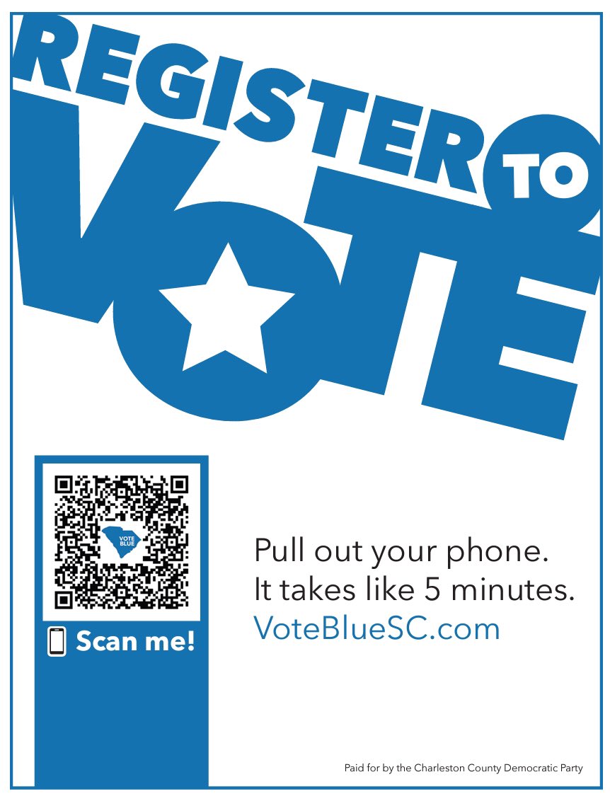 Kaye Koonce (@kayekoonce) on Twitter photo Y’all know someone (or someone’s teenager) in SC who needs to #RegisterToVote?They must be 18 by 11/3/2020. This QR code is a quick way to do it, thanks to <a href="/ChsDems/">Charleston Democrats</a>. Please R/T! You can also print it and post in windows, businesses, etc. #DemCastSC <a href="/harrisonjaime/">Jaime Harrison</a> <a href="/MPowersNorrell/">Mandy Powers Norrell</a> Y’all know someone (or someone’s teenager) in SC who needs to #RegisterToVote?They must be 18 by 11/3/2020. This QR code is a quick way to do it, thanks to <a href="/ChsDems/">Charleston Democrats</a>. Please R/T! You can also print it and post in windows, businesses, etc. #DemCastSC <a href="/harrisonjaime/">Jaime Harrison</a> <a href="/MPowersNorrell/">Mandy Powers Norrell</a>