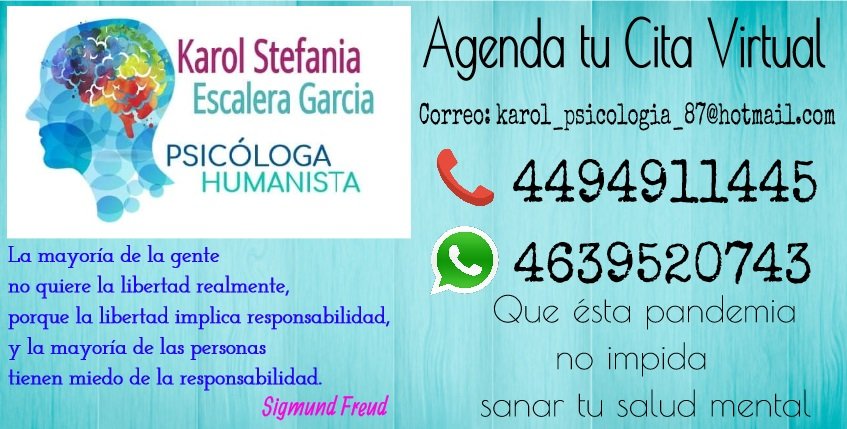 Zully_RJDT's tweet photo. Que la Pandemia no te detenga a sanar tu salud mental... Agenda con tiempo tu cita con @kseg_87 @Escalera_87 https://t.co/2f7seeJ4tq