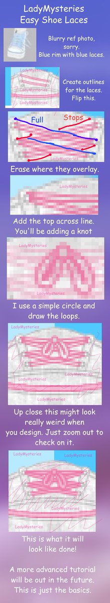 LadyMTutorials's tweet image. ♡ Shoe Lace Tutorial ♡

[Part 1/3 shoe tutorials]
Made in 2020.

♡

Be sure to click and open it to it&apos;s full size to able to read it!

♡

#Roblox #RobloxDev #RBXDev #robloxclothing  #RobloxClothes  #robloxclothingdesigner #robloxclothingtutorials #robloxclothingtutorial