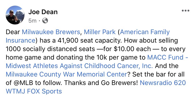 Dear <a href="/Brewers/">Milwaukee Brewers</a> and <a href="/maccfund/">MACC Fund</a> <a href="/WarMemorialCntr/">War Memorial Center</a> <a href="/620wtmj/">620 WTMJ</a> <a href="/FOXSports/">FOX Sports</a> <a href="/MLB/">MLB</a>
