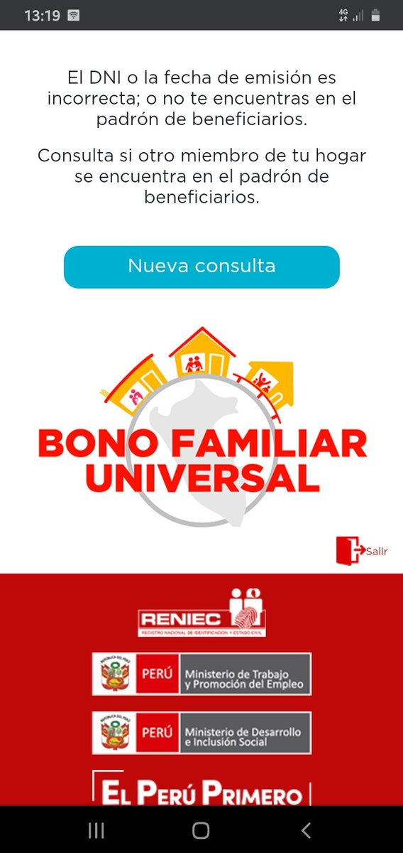 EdwinRomn14's tweet photo. @MidisPeru Por que ah mi no salió el bono universal familiar 2, si yo me registré  en la plataforma,  entre al lick cuando  lanzó el bono universal familiar 2 y nada , haci me sale, yo hasta el dia de hoy no eh recibido ningún bono,  como es posible eso. https://t.co/CW2SrNSixh