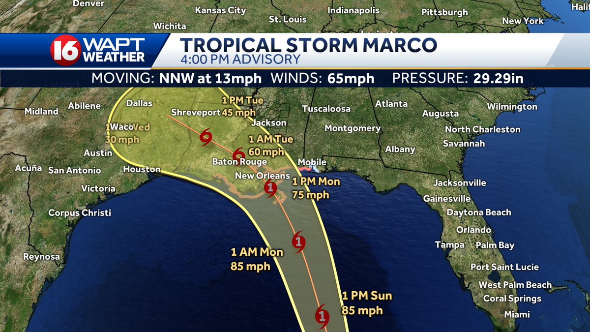 DHartman_WAPT's tweet photo. Update on Tropical Storm Marco: We could see Marco make a landfall somewhere between Lake Charles, LA to Pascagoula, MS some time Monday afternoon. Hurricane watches have been issued for the Louisiana and Mississippi coastlines. #mswx https://t.co/NYYSk5aWK9