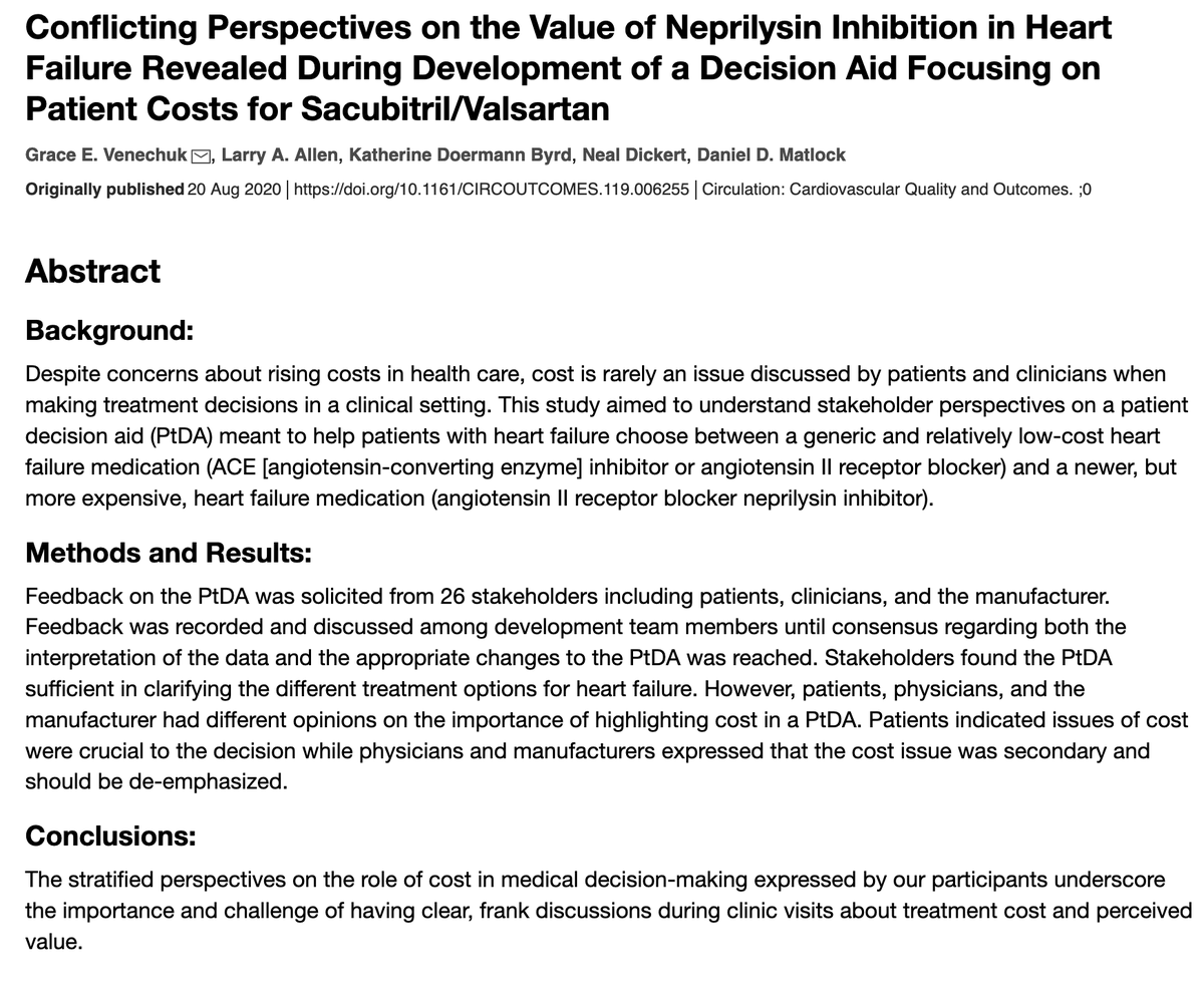 This important article reveals the difference in patient and doctor perspectives. 'Patients indicated issues of cost were crucial to the decision while physicians and manufacturers expressed that cost was secondary & should be de-emphasized.’  https://www.ahajournals.org/doi/10.1161/CIRCOUTCOMES.119.006255  @CircOutcomes