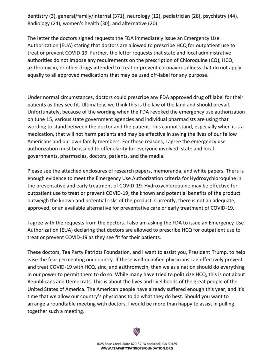 On August 6th, I sent a letter to  @realdonaldtrump calling for another Emergency Use Authorization on HCQ signed by 700+ physicians from all 50 states & 4 other countries. Together, they represent 4303 years of training & 17,886 years of practice.Link: https://tpp-resources.s3.amazonaws.com/documents/HCQ-Letter-to-President-Trump-FS.pdf  https://twitter.com/realdonaldtrump/status/1297148038385991680