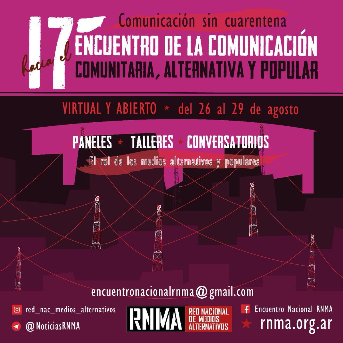 COMUNICACIÓN SIN CUARENTENA

En el marco del aislamiento social y la pandemia, los medios comunitarios, alternativos y populares seguimos comunicando y generando encuentro.

Hacia el 17° Encuentro de la comunicación comunitaria, alternativa y popular

#EncuentroRNMA #RT