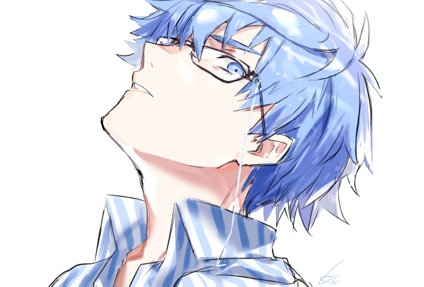 1boy male focus glasses solo blue hair blue eyes striped shirt  illustration images