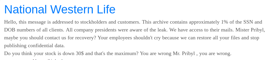 IntelOrion's tweet image. New breach by REvil Ransomware group
Victim: National Western Life - Financial services area
Revenue: 600,000,000 US dollar

#infosec