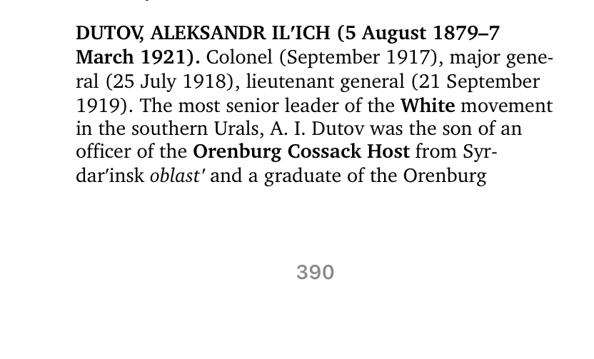 Alexander Dutov and the Dutov Uprising in Orenburg. It’s telling that the Cossack Hosts, in the absence of authority, were the first areas to reassert atamanschina as independent political entities. For better or worse, they did this easier than any other Anti-Bolshevik polity.