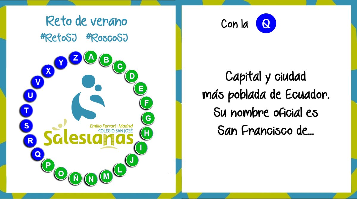 SalesianasSJ's tweet photo. ¡Enhorabuena! La respuesta a la P era: PETER PAN✅ ¿Quieres leer su historia? 👉https://t.co/bHFPve33yI👈 ¡Hoy nuevo #RetoSJ! Resuelve la Q de nuestro #RoscoSJ respondiendo a este tweet. #CuidaLaVidaPonleCorazón🤍 #75AñosCreandoFuturo https://t.co/zvEV3ZYGNe
