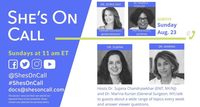 ShesOnCall's tweet photo. Excited to host @DrDorisDay & @DrFNA on Sunday, 8/23 at 11 am ET.
We’ll be talking about #dermatogy, #pathology, & #BWIM & more.
What’s happening w/#colleges & #COVID19?
Join us!⚡️
We want to hear your questions!
#ShesOnCall🩺 https://t.co/drLdnP5QE8