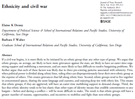 Are you bored? Do you really want a list of the 300+ studies that find a robust relationship between ethnic diversity and conflict? Here’s a recent review article: read the references to your heart’s content.