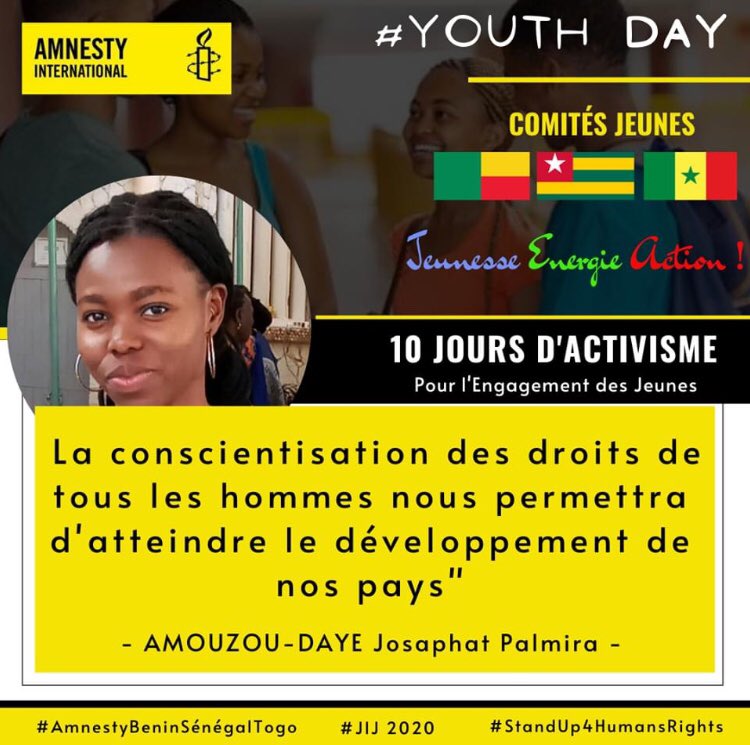 mamaoulfath's tweet photo. 10 jours d’activisme / Jour 10
Pendant ces 10 derniers jours plusieurs sont ces jeunes qui ont partagé leur opinion sur la situation actuellement des jeunes et leurs espérances.
#YouthDay2020
#StandUp4HumansRights @amnestybenin @kikanfr @Avlessifiacre @Yannickdedo @AdamWassilatou https://t.co/y5PbVdaZmh