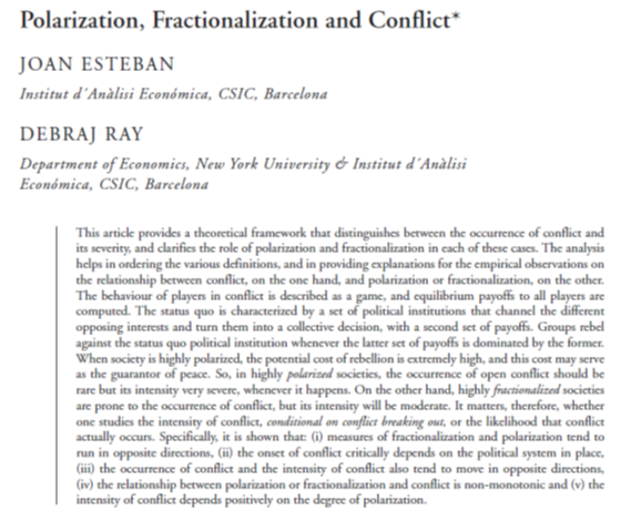 While mountains are now treated as a standard cause of conflict, this study was torn apart and followed by dozens more that found, yes, diversity relates to conflict.Here’s one: ethnic “fractionalization” causes conflict, ethnic “polarization” increases conflict intensity.
