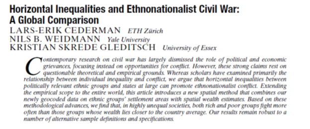 It's easy to miss when you’re outside the language. “Horizontal inequalities” are considered a major cause of conflict. What is this? It means inequalities among ethnic groups leads to conflict, due to intergroup resentments. Dozens of studies confirm this relationship.