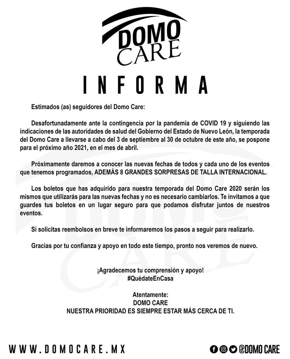 🚨 COMUNICADO OFICIAL🚨

Te compartimos la actualización referente a los eventos de la temporada #DomoCare2020. 

Agradecemos tu comprensión y apoyo ante la situación por la que atravesamos. 

Espera todas las nuevas sorpresas para la temporada #DomoCare2021.🙌

#QuédateEnCasa