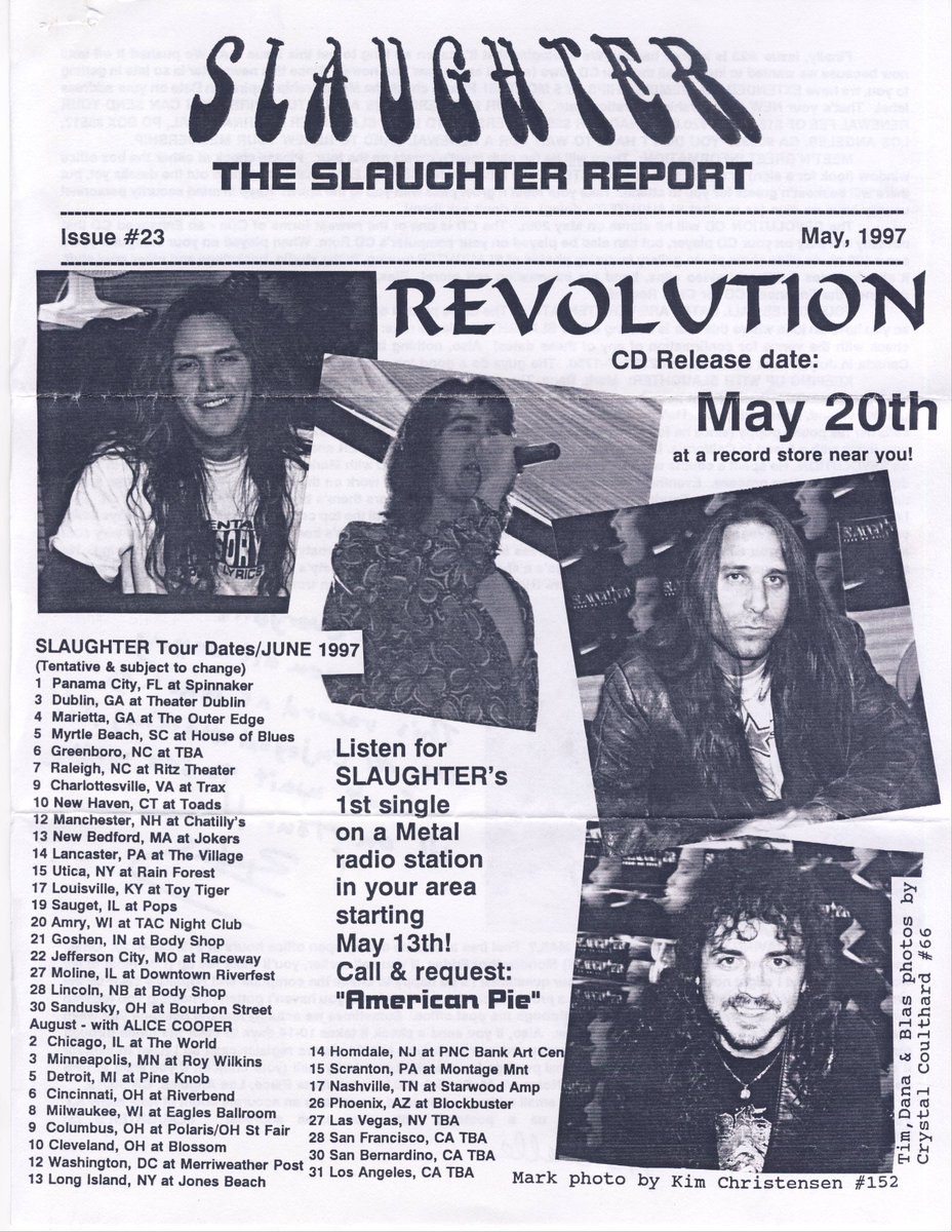 AmerNoizeMusic's tweet photo. #SlaughterArchives #TheSlaughterReport Issue #23 May 1995 Cover with @markslaughter33 @blaselias #TimKelly #DanaStrum #Slaughter see all pages here: https://t.co/rjSephyKYU https://t.co/OnHEuWw2FX