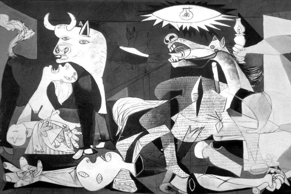 Okay, Hitler wasn't very opaque about trying out his growing war machine on Spaniards. Picasso's Guernica depicts German bombers massacering innocent civilians 8,/