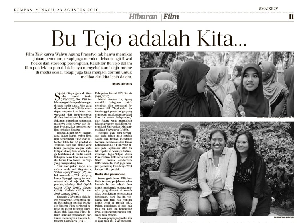 Film pendek ”Tilik” tak hanya memikat jutaan penonton, tetapi juga memicu debat ihwal hoaks dan stereotip perempuan. Tulisan saya di <a href="/hariankompas/">Harian Kompas</a> hari ini. 

Link: kompas.id/baca/hiburan/2…