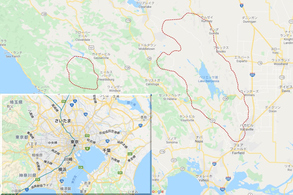 ayu3_BLUE's tweet image. カリフォルニアの大規模な山火事の広さ（赤い線のエリア）がわかるかな？と思って何となく比較の画像を作ってみたけど、想像以上に火災の範囲が広くて本当にヤバいんだなって実感した。
#LightningComplex #LightningComplexFires