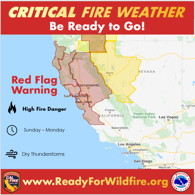 #RedFlagWarning in effect for Northern California until Sunday through Monday for dry thunderstorms. This is #CriticalFireWeather so use caution outdoors. More tips: fire.ca.gov/programs/commu…
