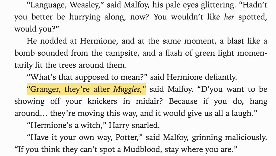 In which Draco unwittingly speaks the truth that Hermione *is in fact* a 'Muggle' because a 'Mudblood' is just any member of the 'Muggle' underclass who realises they're not incapable of magic, groundworking the realisation Harry should make at the end. Because he is too.