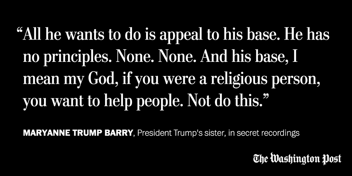 washingtonpost's tweet photo. “I’m talking too freely,” Maryanne Trump Barry, a former federal judge, said during 15 hours recorded in 2018 and 2019 by her niece, Mary L. Trump.

The remarks are the most critical comments known to have been made about the president by a sibling. https://t.co/hPiPcQXupw https://t.co/pVoSkzjgLl