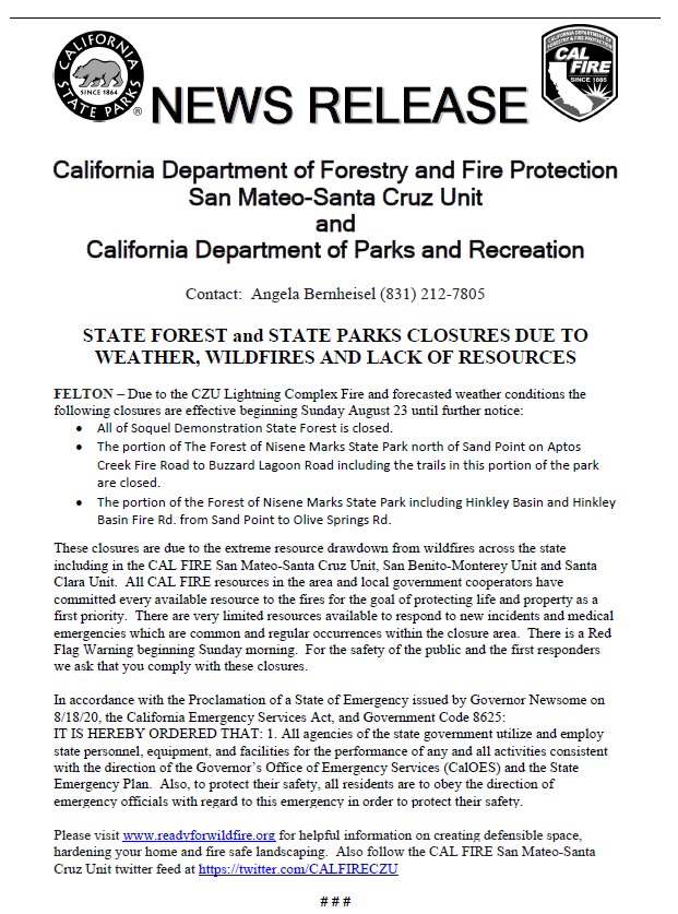 CALFIRECZU's tweet photo. STATE FOREST and STATE PARKS CLOSURE DUE TO WEATHER, WILDFIRES AND LACK OF RESOURCES https://t.co/ZNGRB3M7b0