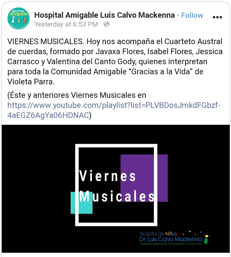 AustralCuarteto's tweet photo. Ayer fuimos parte de esta bella iniciativa de #viernesmusicales del Hospital Luis Calvo Mackenna.😍
Estamos muy felices de poder compartir nuestra música con quienes son parte de esta comunidad🌺 
👇https://t.co/0w03jXg5Mf
#Musica #musicachilena
#quartet #chile #Compartir https://t.co/eQ78cUkre5