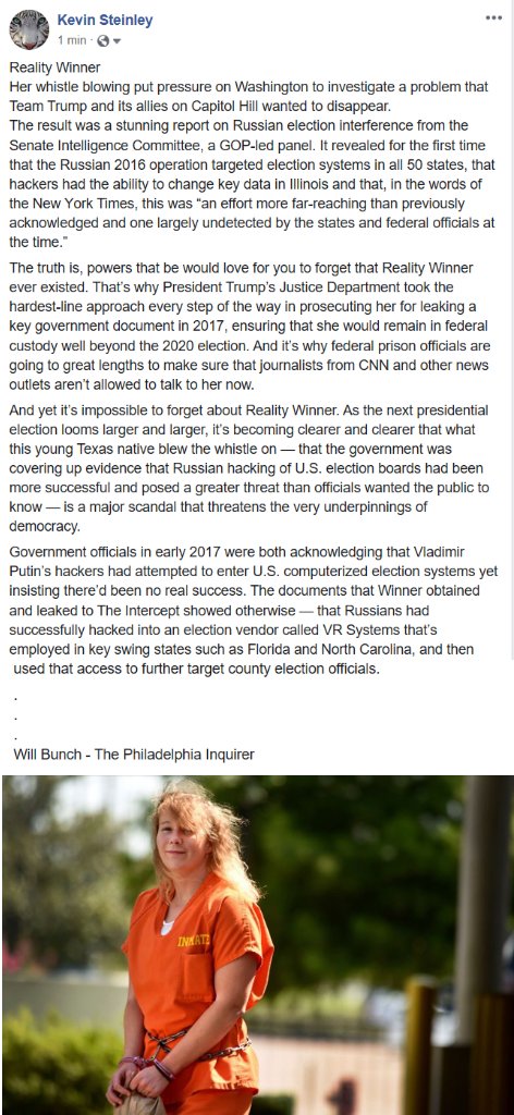 kevinsteinley's tweet photo. @Fawful81 #FreeRealityNow She blew the whistle on the government  covering up evidence that Russian hacking of U.S. election boards had been more successful and posed a greater threat than officials wanted the public to know, it is a scandal that threatens the underpinnings of democracy https://t.co/pcmuFYziCh