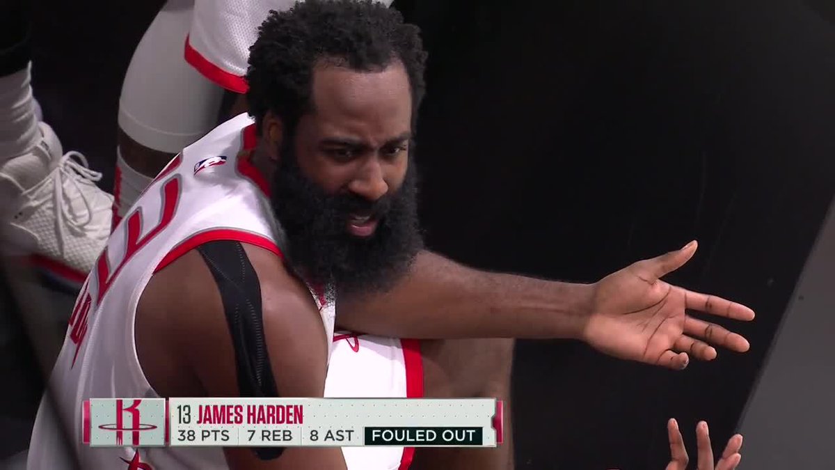 BleacherReport's tweet photo. James Harden just fouled out in OT https://t.co/sOFLdLcNO2
