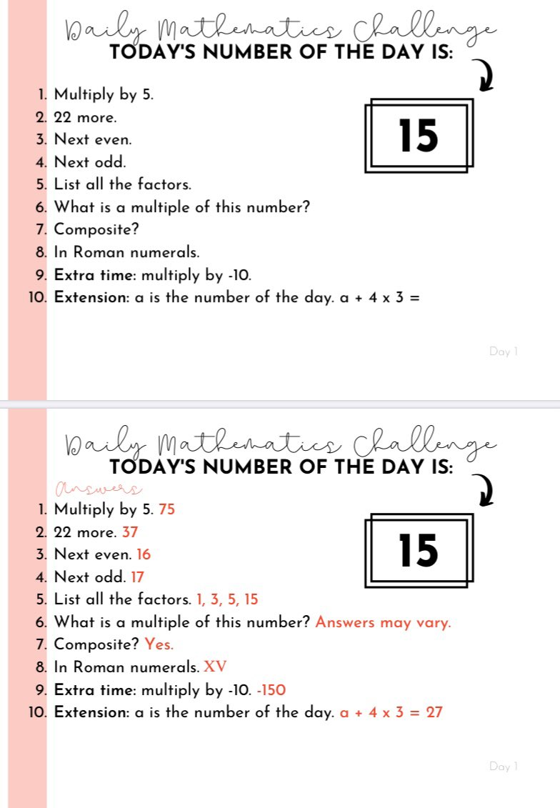 EamesCharli's tweet photo. I found these daily mathematics challenges where the content becomes progressively harder as you move along. The content is appropriate for Year 3 - Year 6! Here is just a few I picked out! #comm140bris #acuedu_p https://t.co/RzBXpkIrDl