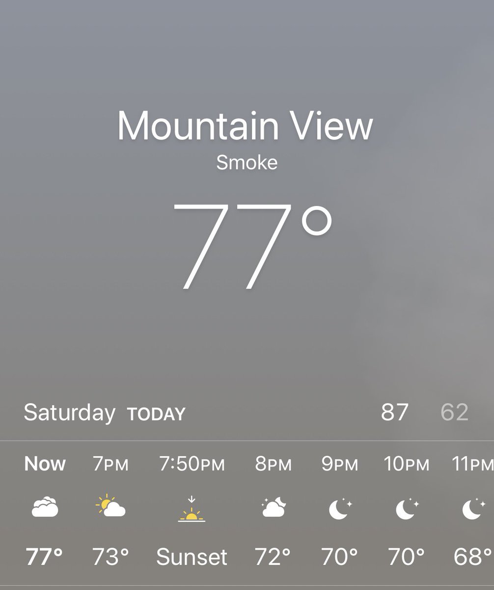 Toshi Ogata 尾形 聡彦 カリフォルニア州 で山火事が拡大するなか シリコンバレーではいまの天気の表示が 煙っている状態を意味する Smoke グーグル本社があるマウンテンビューも パロアルトも山火事の影響とみられる煙った空気が流れこんできてい