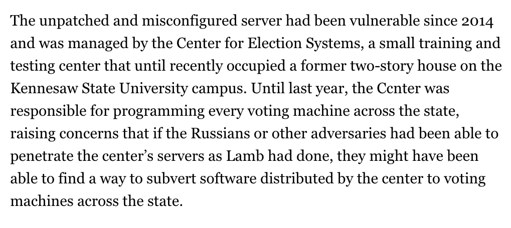 Which seemed weird because Georgia was THE WORST. The state kept ALL its voting info, including the passwords for every voting machine in the state, on one central server, housed at a small college called Kennesaw State U.No one does this.Except for Trump's buddy Brian Kemp