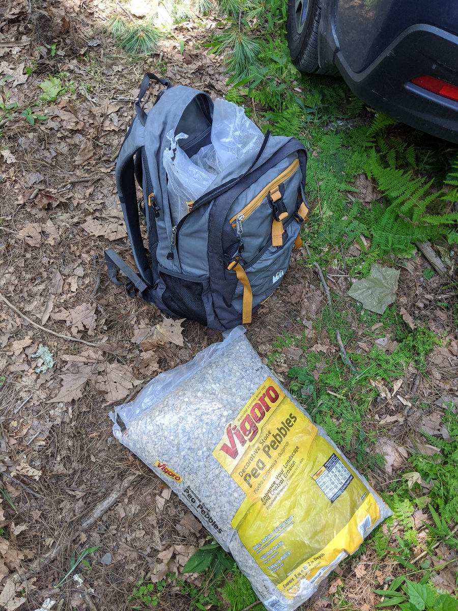 The work was hard, I made stupid mistakes, and my back is going to be grumpy tomorrow. I had to lug everything about 1/8th of a mile into the woods. I& #39;m literally backpacking pebbles and lumber into the forest (cc  @choffstein).