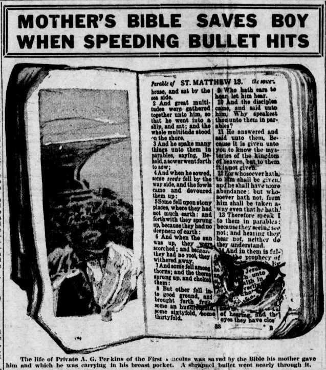 ThisDayInWWI's tweet photo. Three separate times a bullet is stopped by a bible including one story published by The Washington Times #OTD Aug 23 1915 that a bible saved the life of a Captain of the Coldstream Guards. On the flyleaf was written: "Thou, Lord, art my refuge."  https://t.co/QhjYLeykm7 https://t.co/ya0QyuLbcT