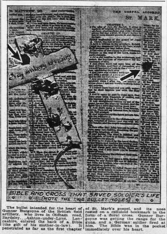 ThisDayInWWI's tweet photo. Three separate times a bullet is stopped by a bible including one story published by The Washington Times #OTD Aug 23 1915 that a bible saved the life of a Captain of the Coldstream Guards. On the flyleaf was written: "Thou, Lord, art my refuge."  https://t.co/QhjYLeykm7 https://t.co/ya0QyuLbcT