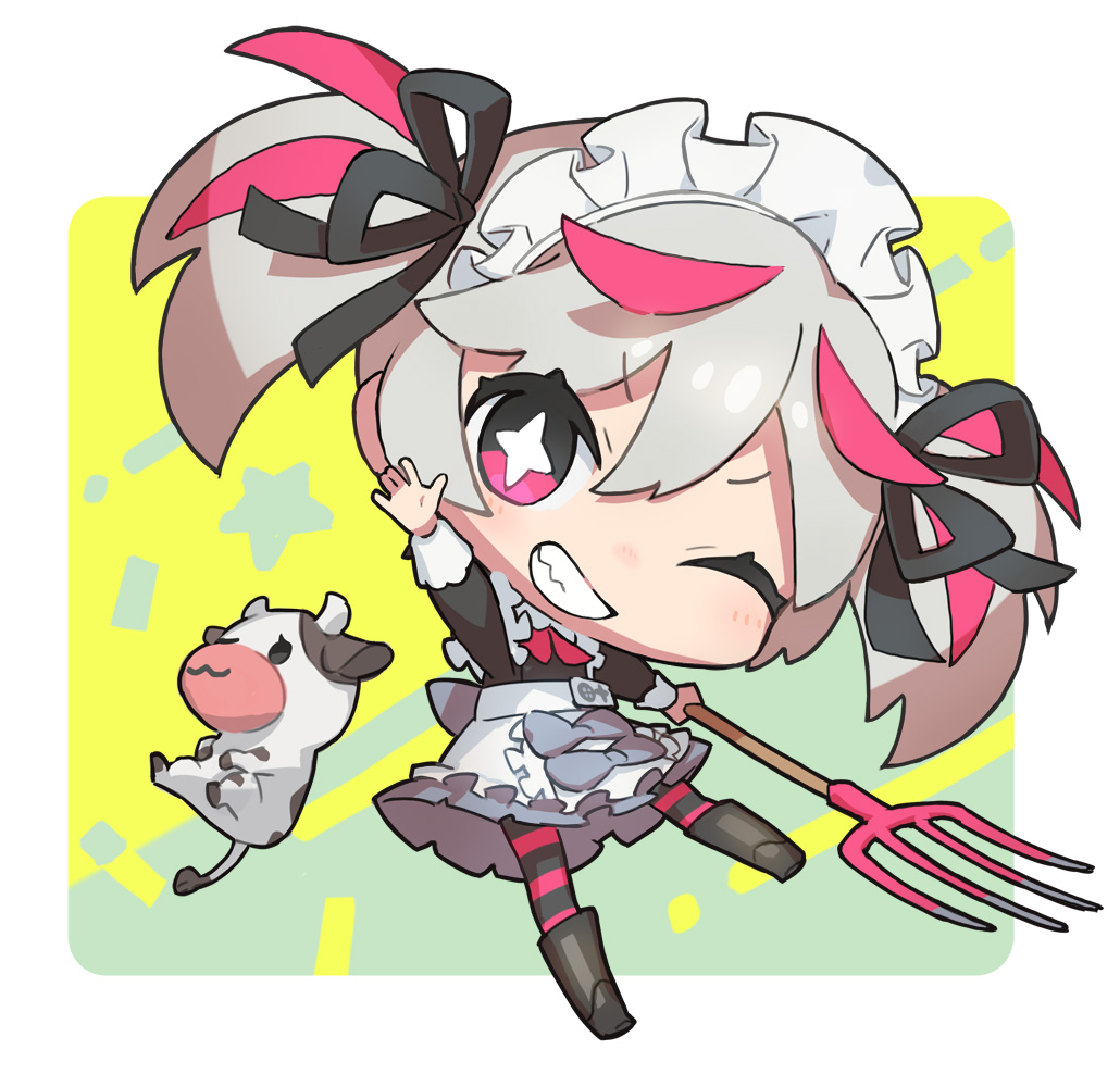 1girl maid headdress one eye closed twintails chibi apron maid  illustration images