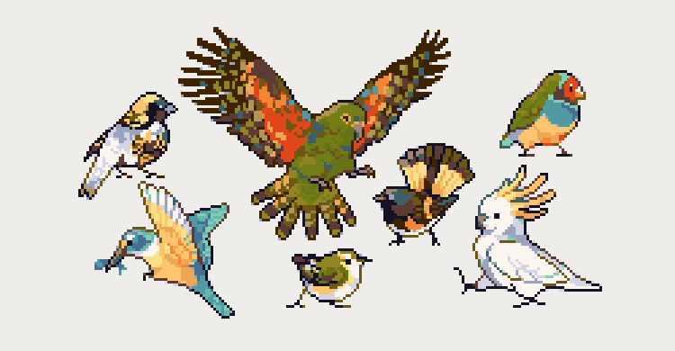 some birds with #feather s i find particularly pretty. for todays #pixel_dailies <a href="/Pixel_Dailies/">Pixel Dailies</a> #pixelart #ドット絵