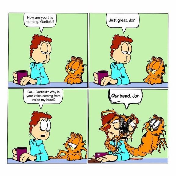 There's a meme format called Creepy Garfield which is re-imagined as a Lovecraftian horror where the titular cat is actually an eldritch tentacle beast who is often an inseparable part of his owner, Jon.Anyway, that’s basically what the “two”-party political system is like.