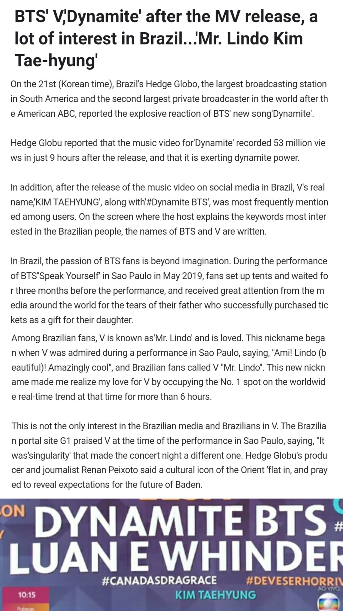 V Union Archive على تويتر Leading Brazil News Reported That Beloved Mr Lindo Kim Taehyung Is Hot Topic Attracting Surging Interest As The Only Trending Topic Alongside Dynamite S Explosive Release Btsv