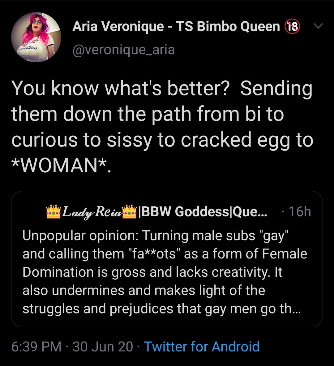 If men who are into BDSM are submissives, don't call them homophobic slurs; instead, convince them they like degradation because they are a woman.