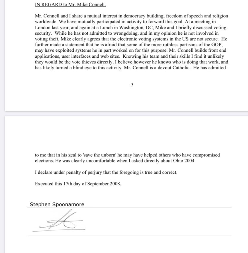 29/ Here’s a Sept. 08 declaration from  @spoonamore, a formerly Republican IT expert who traveled in the same circles as Connell & was an expert witness in the suit. He said Connell worried some of what Connell built might have been used for election theft.  https://moritzlaw.osu.edu/electionlaw/litigation/documents/Lincoln-ReplyAff1-9-17-08.pdf